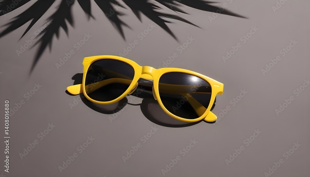 Poster yellow summer background with black sunglasses in corner — clean horizontal layout with empty space 