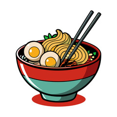 2D vector design of a steaming bowl of ramen with eggs, noodles, seaweed, and chopsticks laid across the top.