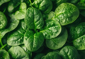 Fototapeta premium Fresh Green Spinach Leaves with Dew Drops, Healthy Culinary Ingredient Background for Recipe and Food Presentation