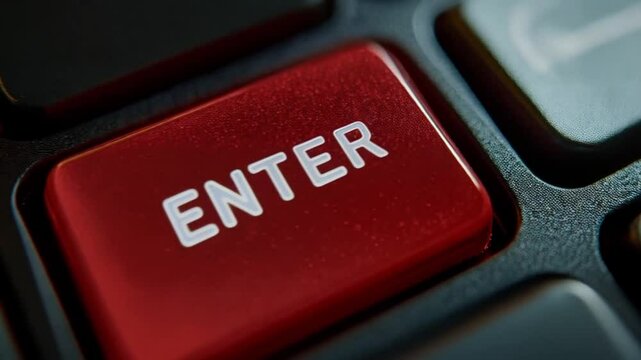 Close-up of vibrant red Enter key on modern keyboard design.