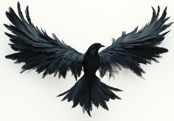 Obraz premium Surreal Black Bird with Expansive Wings and Intricate Feather Patterns on White Background