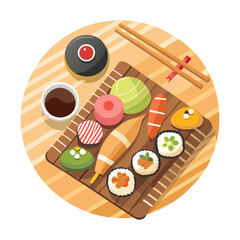 Flat design vector of a Japanese sushi platter with nigiri, sashimi, maki rolls