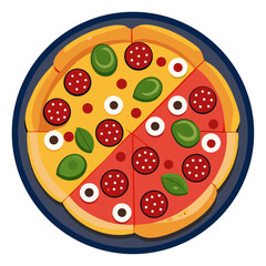 Vector art of a traditional Italian pizza with hand-drawn toppings