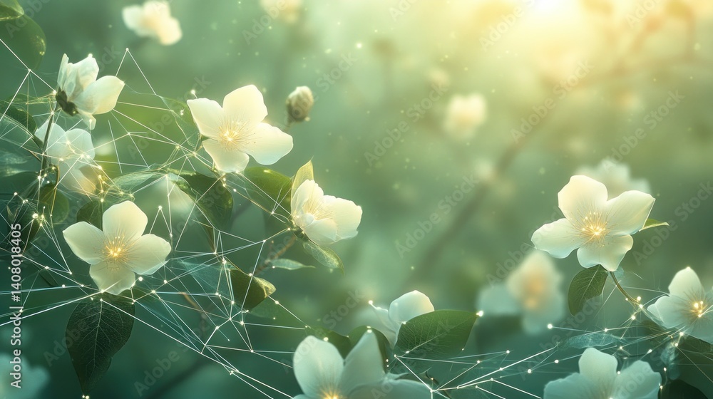 Poster delicate white flowers in soft light with abstract digital connection elements for nature and techno