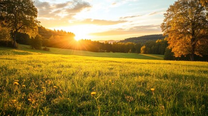 Obraz premium A wooden cross stands in a meadow, bathed in golden autumn sunrise light. Peace and solitude in nature's embrace. 