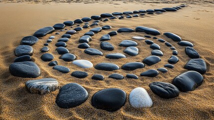 Spiral of stones on sandy beach at sunset.