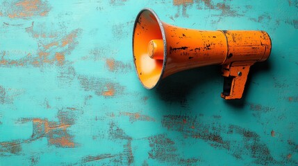 orange megaphone on turquoise background blank megaphone on mint green surface call to action in presentation call to participate engage visual aids for important announcements summaries,stock image