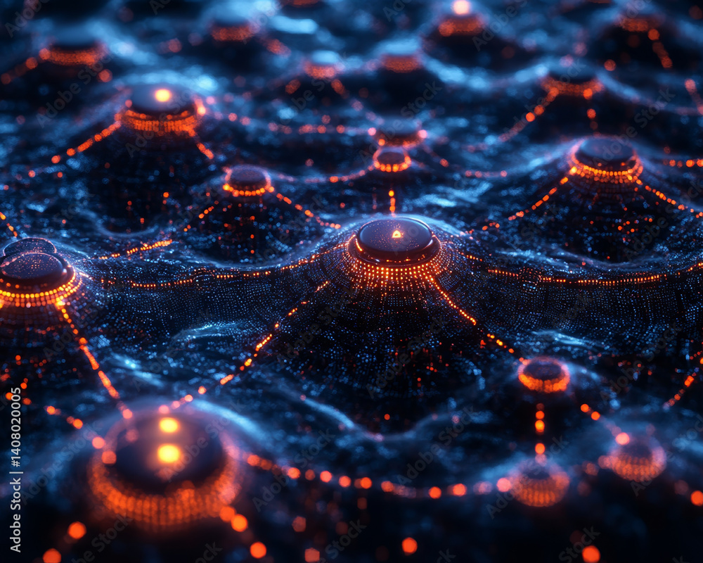 Poster neural network visual representation with glowing nodes