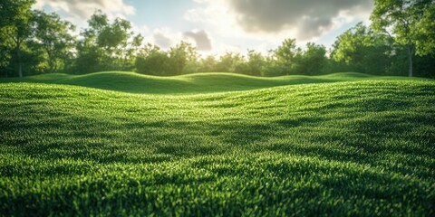 Fototapeta premium Vibrant green grass rolling hills under soft sunlight in a tranquil outdoor setting during the early morning