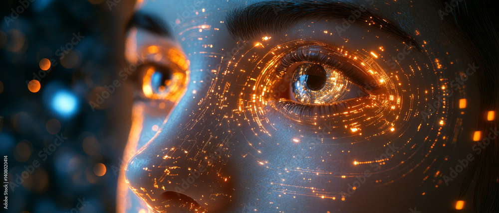 Poster descriptiondigital face recognition interface with glowing eyes