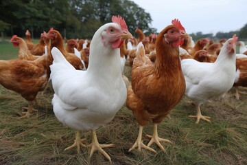 Fototapeta premium A group of chickens are standing in a field. Some are white and some are brown. The white chickens are standing in the middle of the group, while the brown chickens are on the right side