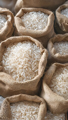 Sacks overflowing with polished white rice, heap of white rice in open fabric bags, bulk rice storage in traditional sacks, kacha chawal  arroz pulido closeup arroz polido image riz poli,  riso lucida