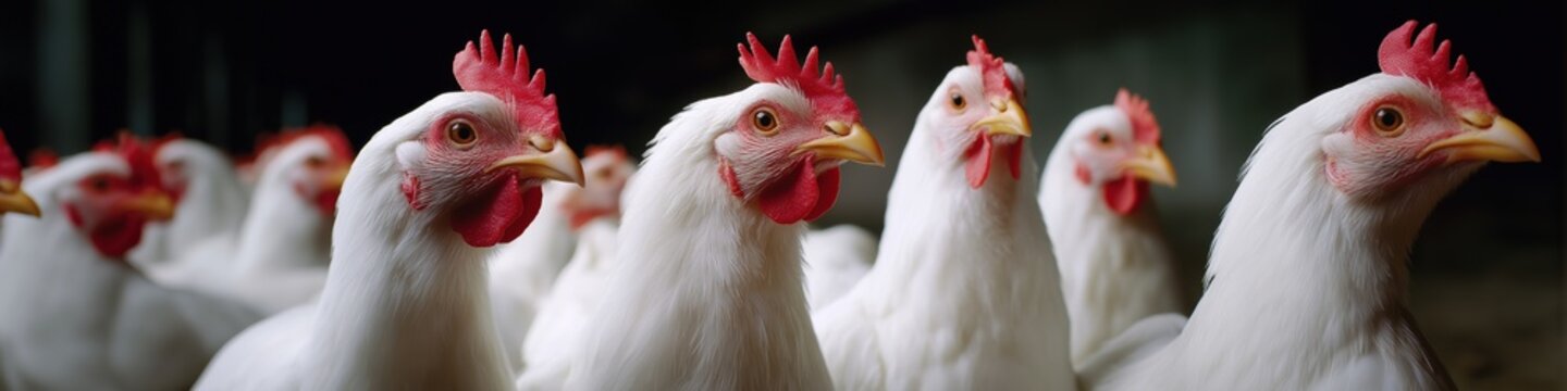 A group of white chickens standing in a pen. The chickens are all facing the camera. Concept of unity and togetherness among the chickens