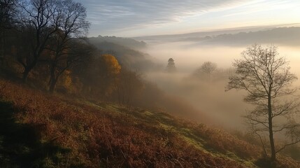 Fototapeta premium A misty autumnal landscape with a valley shrouded in fog.
