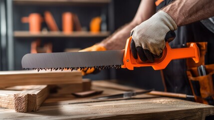 Carpenter cutting wood with a hand saw for a furniture project. Featuring woodworking skills and precision