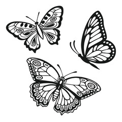 Monarch butterfly silhouettes collection, vector illustration isolated on white background.