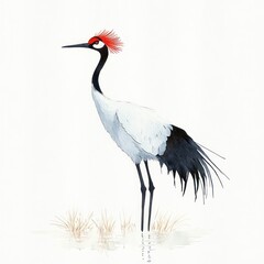 Obraz premium Watercolor Painting of Red-Crowned Crane on White Background