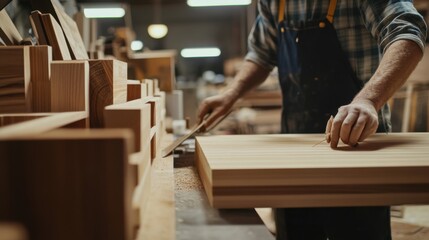 Carpenter assembling a custom bookshelf in a workshop. Featuring craftsmanship and focus