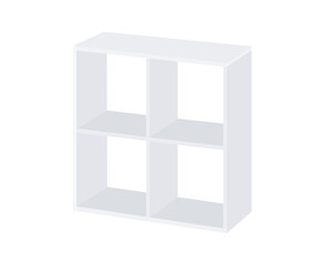 Fototapeta premium Shelving or shelf with 4 square cells isolated on white background. Vector realistic 3d illustration. Blank template. Furniture for home or office interior. 