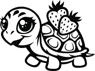 Cartoon turtle with strawberries unique vector illustration, cartoon turtle with strawberries silhouette and line art vector design