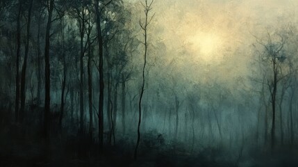 A misty forest scene at dawn, bathed in ethereal light.
