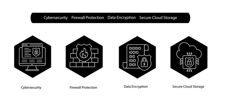 Cybersecurity Vector Icons for Firewall Safety and Cloud Data Encryption