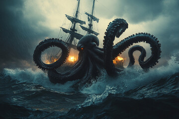 A colossal kraken emerges from the stormy sea, its tentacles ensnaring a burning sailing ship in a dramatic clash of nature and seafaring.