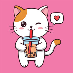 Cute cartoon cat with a cup of coffee and a mouse in a fun illustration