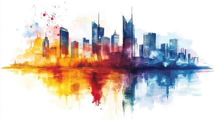 Fototapeta premium Vibrant Cityscape Watercolor Painting Modern City Skyline Reflection Urban Art Design