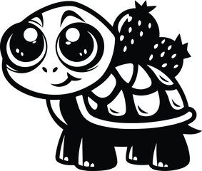 Cartoon turtle with strawberries unique vector illustration, cartoon turtle with strawberries silhouette and line art vector design