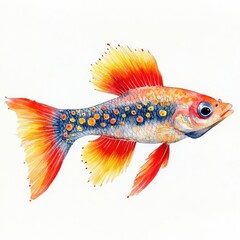 Vibrant Watercolor Fish Illustration with Red and Yellow Fins on White Background