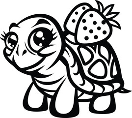 Cartoon turtle with strawberries unique vector illustration, cartoon turtle with strawberries silhouette and line art vector design