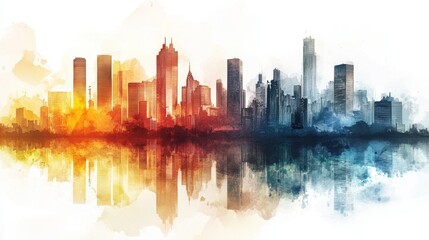 Fototapeta premium Vibrant Cityscape Watercolor Painting Modern Urban Skyline Reflection
