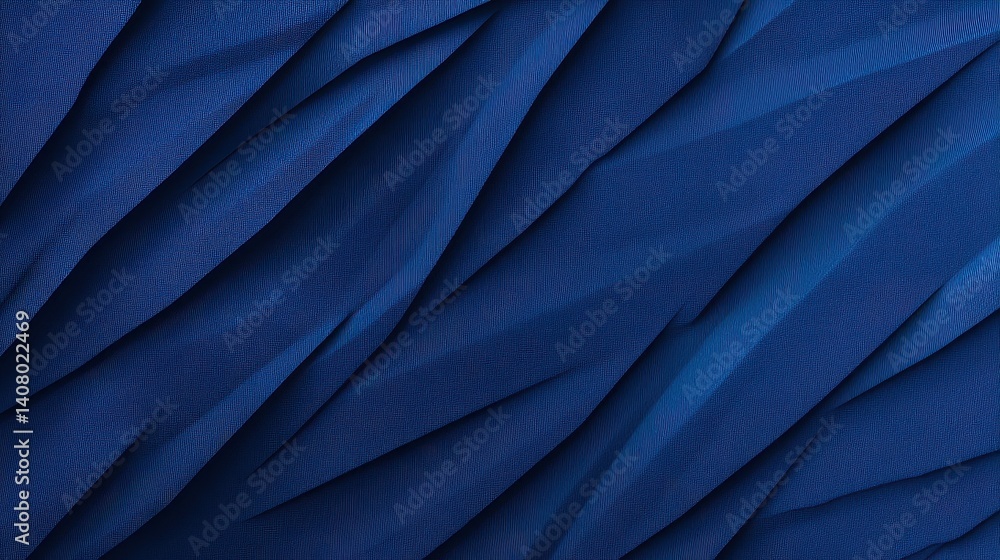 Poster textured deep blue fabric with intricate folds and shadows, creating a dynamic visual effect