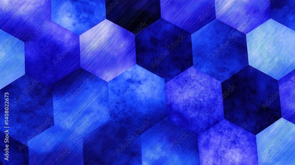Poster abstract blue hexagonal pattern with varying shades and textures, suitable for backgrounds or design