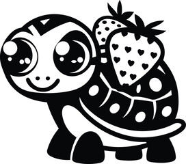 Fototapeta premium Cartoon turtle with strawberries unique vector illustration, cartoon turtle with strawberries silhouette and line art vector design