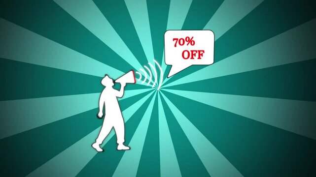 colorful 3d letters rotate 70% percent off banner. Megaphone with speech bubble in flat style. spiral animation background with rotating, ornaments twirl rays comic style. 4k resolution