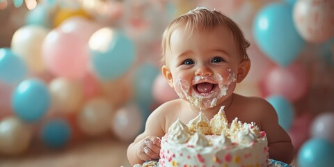 Happy baby enjoys first birthday cake covered in frosting surrounded by colorful balloons