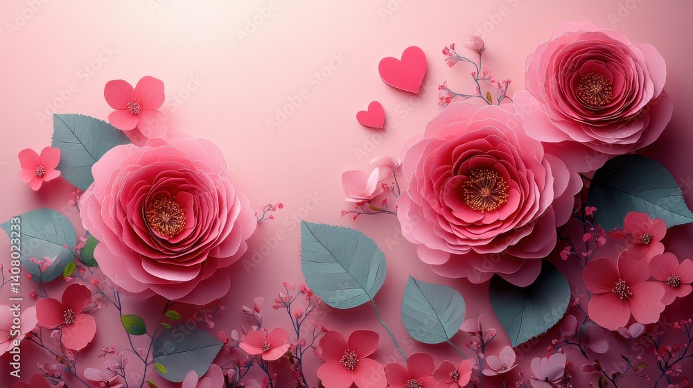 Poster paper cut style red flowers,heart shapes on a soft pink background flat lay composition,copy space p