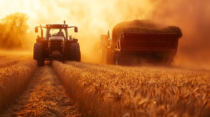Obraz premium Tractor Harvesting Wheat at Sunset, A red tractor harvesting wheat in a golden field at sunset, creating a dusty atmosphere
