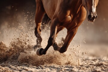 Obraz premium A magnificent horse gallops across sunlit terrain, hooves kicking up a cloud of sand in a breathtaking display of motion and power.