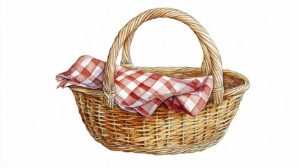 Woven Picnic Basket with Red Checkered Cloth Watercolor Painting
