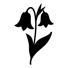 Simple Black Silhouette of Two Bellflower Flowers with Leaves and Stem