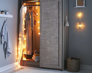 A closet with a lighted dresser inside