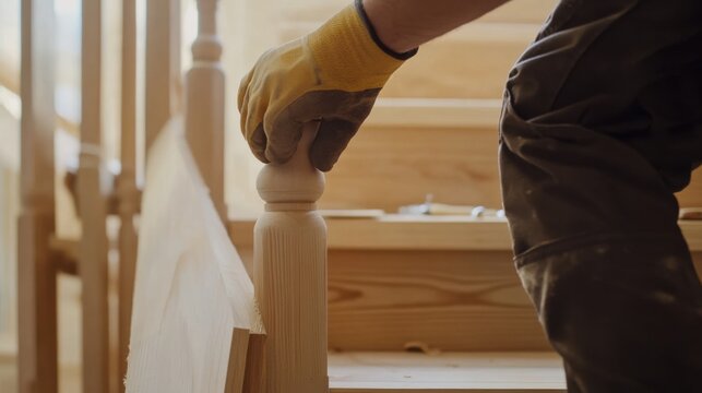 Carpenter installing a wooden stair railing. Featuring woodworking skills and home improvement