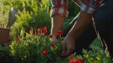Fototapeta premium Hispanic landscaper planting flowers in a garden bed. Featuring landscaping and garden planting