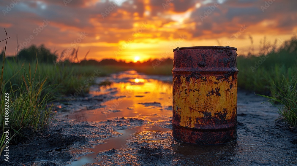 Aufkleber pfas chemical container on the ground near a wetland during sunset highlighting environmental contam