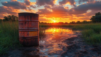 Obraz premium pfas chemical container on the ground near a wetland during sunset highlighting environmental contamination issues generative ai,photo stock