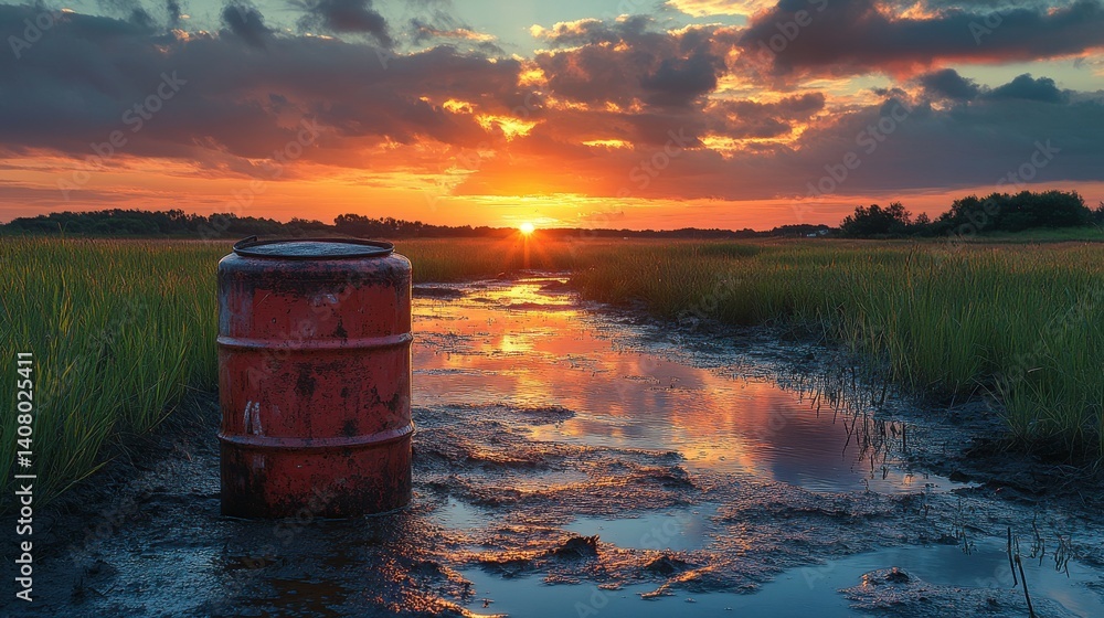Aufkleber pfas chemical container on the ground near a wetland during sunset highlighting environmental contam