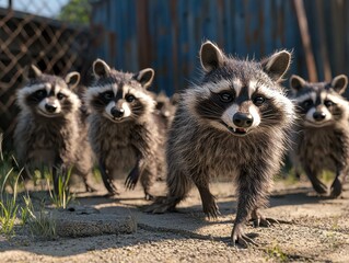 A gang of curious raccoons approaches with mischievous expressions in a semi-urban setting, ready for their next adventure.